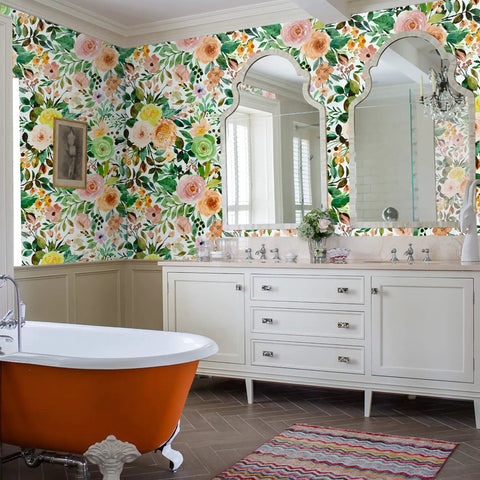Peel And Stick Floral Boho Textured Wallpaper For Bedroom And Bathroom Waterproof Removable Renter Friendly Pink Watercolor Modern Look With A Chic Vibe For Kitchen Cabinets 17.5 By 118 Inches in bathroom setting