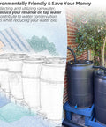 Rain Barrel Hose Connector Kit Link Two Rain Barrels To Double Your Rainwater Storage For Home Garden And Outdoor Chores Not For Metal Drums With Included Hole Saw And Gaskets Easy To Install, shown connecting two black plastic barrels