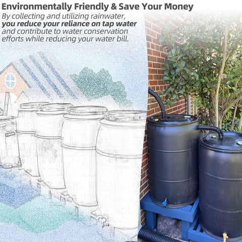 Rain Barrel Hose Connector Kit Link Two Rain Barrels To Double Your Rainwater Storage For Home Garden And Outdoor Chores Not For Metal Drums With Included Hole Saw And Gaskets Easy To Install, shown connecting two black plastic barrels