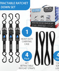 Heavy Duty Auto Retractable Ratchet Straps 4 Pack, 1 Inch Wide By 6 Feet Long, 1500 Lb Break Strength, Push Button Self Retracting Tie Downs For Trucks Trailers And Cargo, Black