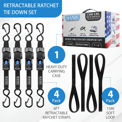Heavy Duty Auto Retractable Ratchet Straps 4 Pack, 1 Inch Wide By 6 Feet Long, 1500 Lb Break Strength, Push Button Self Retracting Tie Downs For Trucks Trailers And Cargo, Black