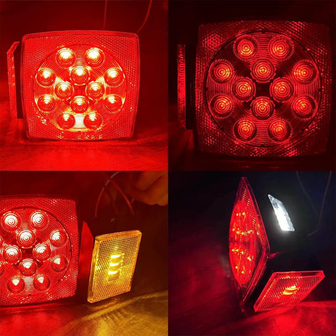 LED Trailer Light Kit 12V Submersible Tail Marker Lights With Wiring Harness For Boat Car Truck RV Utility Snowmobile Stop Turn Reverse DOT Certified Road Ready showing red and clear LEDs in various angles