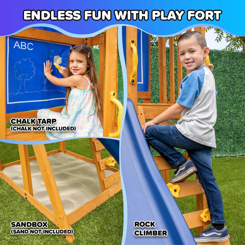 Children playing on Augusta Cedar Wooden Swing Set with Heavy Duty A Frame 6ft Double Wall Slide 2 Height Adjustable Swings.