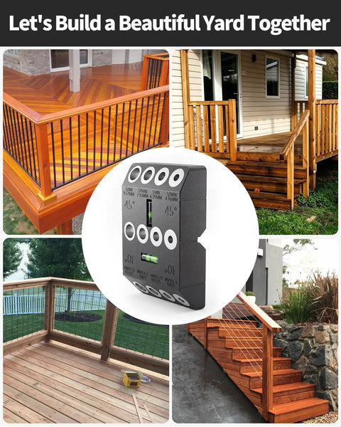 Multi Angle Cable Railing Drill Guide Jig With Built In Bubble Level For Deck Posts And Stair Railings on wooden deck with railings.
