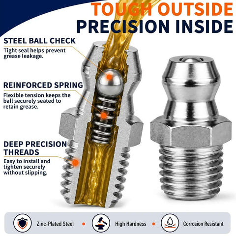 Heavy Duty 600 Pc Zerk Fittings Kit With Complete Sae Metric 1/4 And 1/8 Inch Set Plus Dust Caps And Wrenches For All Your Daily Machine Greasing Needs, zinc-plated steel cutaway