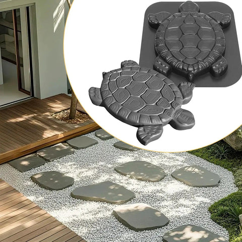 Turtle Shape Concrete Stepping Stone Molds For DIY Garden Paths And Patios Reusable Cement Molds shown on gravel garden path