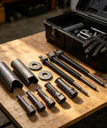 Heavy Duty Motorcycle Bearing Puller Kit Extractor Set Removes Blind Holes Super Fast With Compact Power Heads Fits Tight Engine Spaces Without Hammer For Smooth Quiet Repairs Ideal For DIY Techs To Save Cash Protect Parts On Your Ride Now. steel puller heads and rods laid out in case