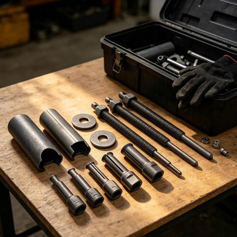 Heavy Duty Motorcycle Bearing Puller Kit Extractor Set Removes Blind Holes Super Fast With Compact Power Heads Fits Tight Engine Spaces Without Hammer For Smooth Quiet Repairs Ideal For DIY Techs To Save Cash Protect Parts On Your Ride Now. steel puller heads and rods laid out in case