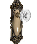 Old School Victorian Plate With Keyhole Crystal Egg And Dart Knob, Passage Door Hardware, 2.75 Inch Backset, Antique Brass Finish