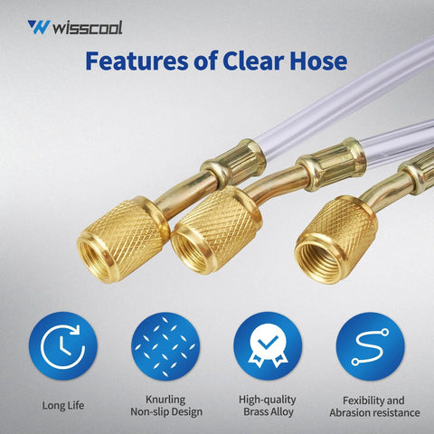 Close-up of Wisscool 1/4-inch refrigerant charging hoses, 60-inch long, clear tubing with knurled brass flare fittings; set of 3