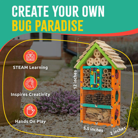 Colorful Sweet Bug Hotel Kit for Kids Easy Cedar Wood Insect House Craft Kit With Tools on garden path, 12x5.5x2 inches.