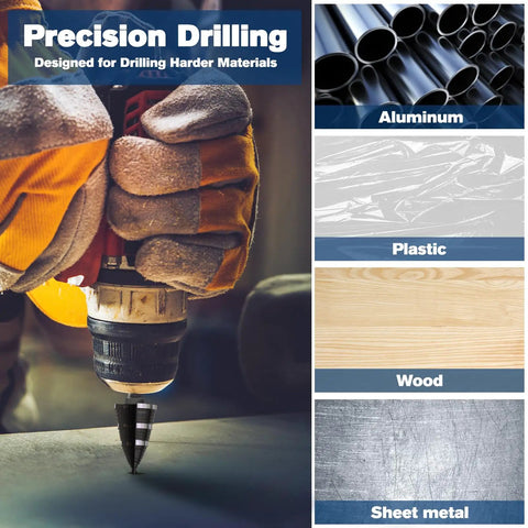 Step Drill Bit Set With Nineteen Sizes From Three Sixteenth Inch To One And Three Eighth Inch Double Fluted Cutting Bits For Stainless Steel Metal Aluminum Copper Wood PVC Great For DIY Projects And Drilling Efficiency in use on various materials.