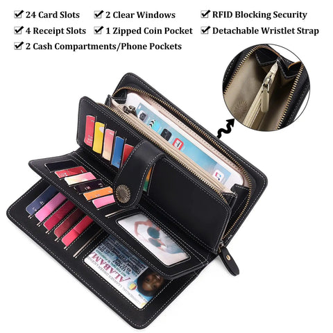 Leather RFID Blocking Womens Wallet With Large Capacity Trifold Design featuring card slots and zipper pockets