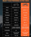 2025 Romeo Pro II and III electric bike specifications table with details on motors, battery, speed, range, and features.