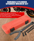 Variable Pin Spanner Wrench Set For Pulleys 15 Piece Go To Tool For Pulleys With Slots Or Holes Fits Camshaft And Crankshaft Pulleys And More Ready For Quick Adjustments In Tight Spaces. red case with 15 black pin heads and wrench on workbench