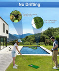Floating Golf Green For Pool And Lake in backyard with golfers setting up chipping green mat, no drifting feature shown.