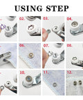 Step-by-step guide using 11mm Metal Snap Button Kit With Heavy Duty Press Tool Pliers to attach snaps to fabric.