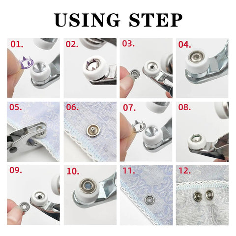 Step-by-step guide using 11mm Metal Snap Button Kit With Heavy Duty Press Tool Pliers to attach snaps to fabric.