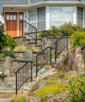 Heavy Duty Wrought Iron Handrails For Outdoor Steps, resilient porch grab bars on stone steps leading to a house entrance.