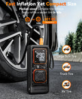 Beast Cordless Tire Inflator Portable Air Compressor With Digital Pressure Gauge Auto Shut Off And LED Flashlight beside car tire
