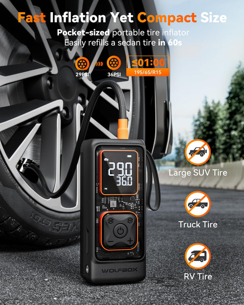 Beast Cordless Tire Inflator Portable Air Compressor With Digital Pressure Gauge Auto Shut Off And LED Flashlight beside car tire