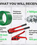 Heavy Duty Green Pet Strap Roll With Zero Hassle Tensioner And Peel Seals, 5 8 Inch By 1000 Feet Plastic Baling Tape kit including tensioner and clips.