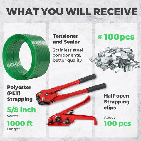 Heavy Duty Green Pet Strap Roll With Zero Hassle Tensioner And Peel Seals, 5 8 Inch By 1000 Feet Plastic Baling Tape kit including tensioner and clips.