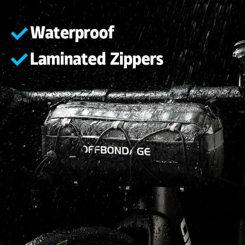 Waterproof Bike Handlebar Bag For Road And Mountain Bikes Front Storage With Shoulder Strap Easy To Clean Artificial Leather Bag For Bikepacking Daily Commute And All Weather Rides in rain showing laminated zippers.