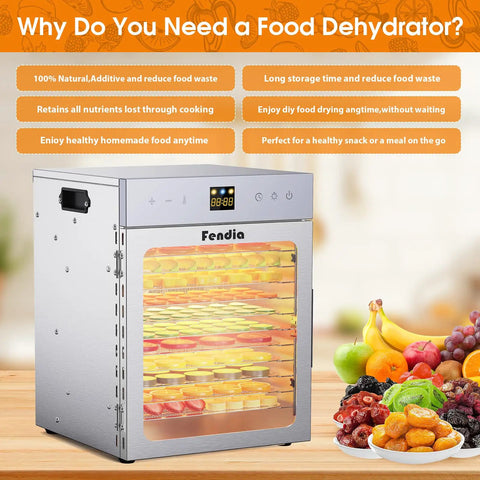 Straight Up Heavy Duty 12 Tray Food Dehydrator For Jerky And Dog Treats, 1200W Motor, with display and dried fruits on counter.