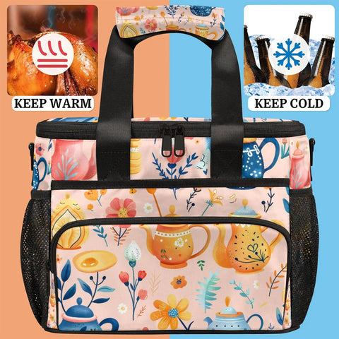 Insulated Picnic Backpack With Built In Lunch Box For Women And Men Go To Lunch Bag showing floral design and temperature control icons
