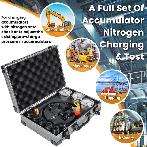 All In One Nitrogen Charging System For Hydraulic Accumulators With Fill Kit, 3 Gauge Pressure Test Kit, 7 Couplings, Gas Hose, Main Valve, CGA580 Adapter, And 100 250 400 Bar 1500 4000 6000 PSI