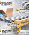 Heavy Duty Conveyor Roller and Mower Replacement, 1.5 Inch Diameter by 25.6 Inches Length, Silver Stainless Steel Shaft With Sturdy Galvanized End Caps For Warehouse Systems And Outfeed Tables, Pack of 2 on conveyor with boxes