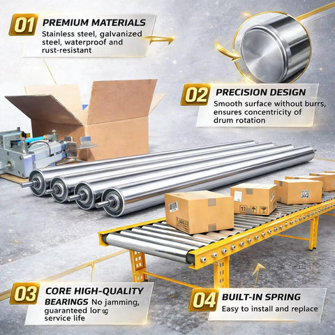 Heavy Duty Conveyor Roller and Mower Replacement, 1.5 Inch Diameter by 25.6 Inches Length, Silver Stainless Steel Shaft With Sturdy Galvanized End Caps For Warehouse Systems And Outfeed Tables, Pack of 2 on conveyor with boxes
