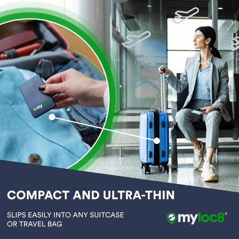Keep Your Luggage Locked With This Slick Gps Tracker Tsa Approved Smart Tag For Suitcases Real Time Location Pings And Bag Open Alerts Long Battery Life Phone Ready Travel Essential, showing a compact GPS tag next to a suitcase.