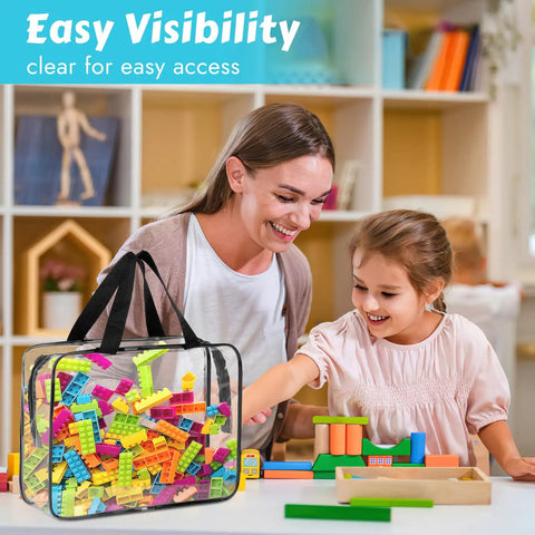 Mother and daughter playing with toys near a 4 Pack Clear PVC Toy Storage Bags With Zipper, Large Black Waterproof Reusable Organizer Bags With Labels For Puzzles