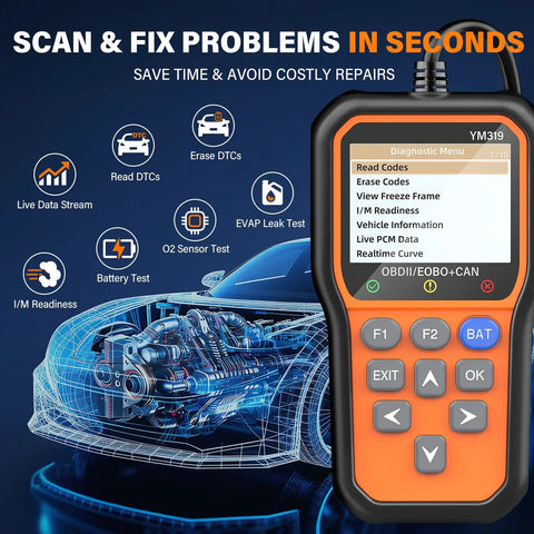 All In One OBD2 Scanner with Battery Tester, Live Data, Fault Code Reader, Cloud Printing, visible buttons and digital display