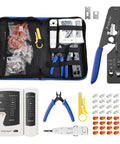 RJ45 Crimp Tool Kit For Pass-Through Ethernet Connectors Cat7 Cat6a Cat6 Cat5e Cat5 Do-It-All Crimper with tester, wires, tool bag.