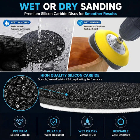 Top Shelf Drill Polishing Kit With 662 Pcs Sanding Discs And Buffing Pads for wet and dry sanding with premium silicon carbide discs.