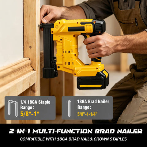 Zero Sweat 2 In 1 Cordless Brad Nailer Compatible With 20V Lithium Ion Batteries featuring ergonomic design for trim carpentry.