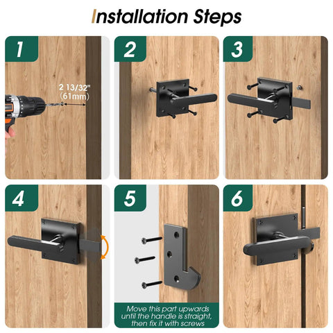 Installation steps for Tough As Nails Double Sided Gate Latch For Left Inswing Wooden Fences, showing drill and latch alignment.