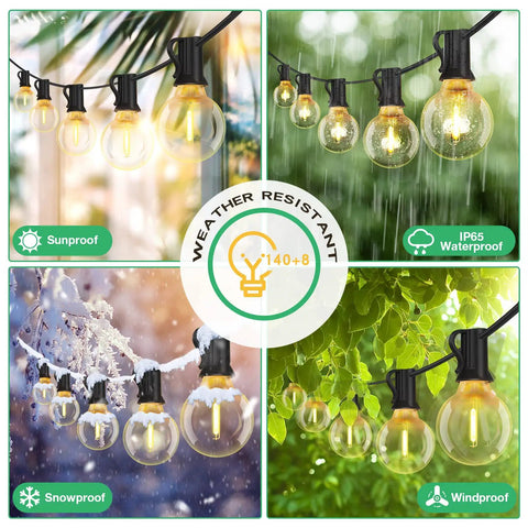 262Ft Outdoor G40 LED String Lights Waterproof Patio Lights Connectable UL Listed With 148 Shatterproof Plastic Bulbs under rain and snow.