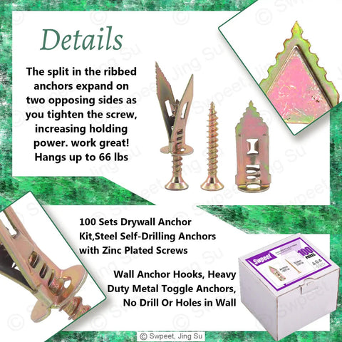 200 Pcs Drywall Self Drilling Anchors With Screws Kit No Drill Required with steel and zinc anchors and screws detail