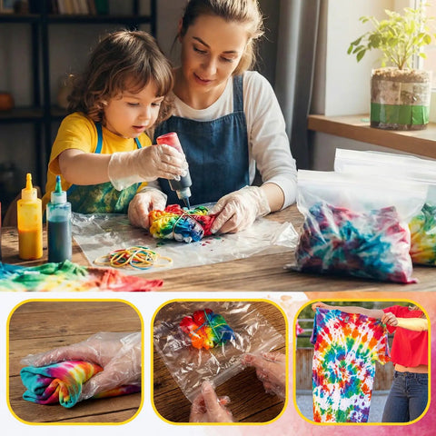 Mother and child using 2000 Piece Tie Dye Rubber Band Kit With 200 Pairs Gloves And 200 Sealed Bags For Big DIY Projects Party Crafts