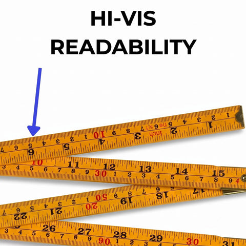 HI-VIS READABILITY folding wood ruler with dual inch and metric scales, deep engraved high contrast markings