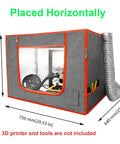 Dual Placement Resin 3D Printer Enclosure Tent with Adjustable Ventilation, shown horizontally with dimensions and exhaust fan kit.