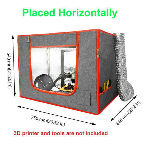 Dual Placement Resin 3D Printer Enclosure Tent with Adjustable Ventilation, shown horizontally with dimensions and exhaust fan kit.