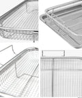 Two Piece Air Fryer Oven Basket Set With Tray And Grease Trap shown in silver with mesh for crisper, easy clean up.