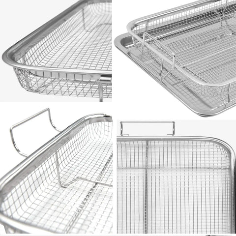 Two Piece Air Fryer Oven Basket Set With Tray And Grease Trap shown in silver with mesh for crisper, easy clean up.
