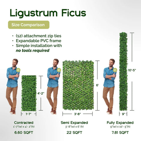 Size comparison chart for 20 By 50 Inch Artificial Privacy Grass Wall Decor With Ficus Leaves And Faux Trellis Expandable Lattice Panels.