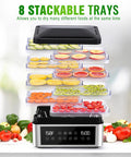 No Stress Food Dehydrator With Eight Stainless Steel Trays displaying fruits on stackable trays with digital timer.
